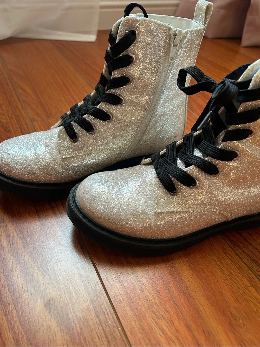 Kids Glitter Combat Boots - Silver with Black Laces Size 2- Like New